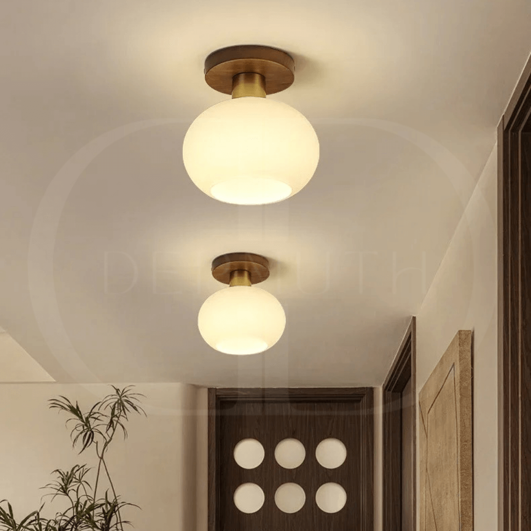 Deckenleuchte Holz & Milchglas